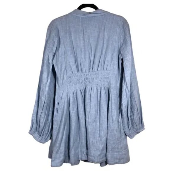 Free People Blue Liesel Shirt Dress Smocked Waist Balloon Sleeves Medium - Picture 2 of 6